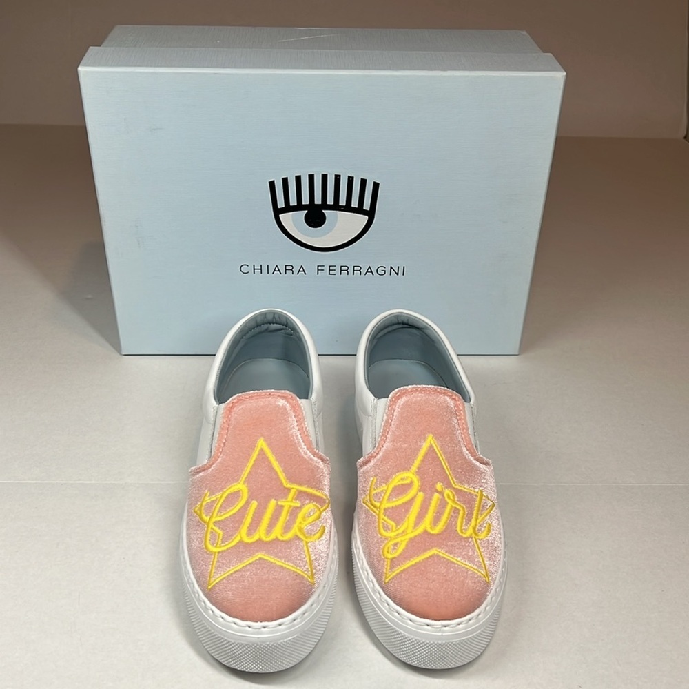 Chiara Ferragni Velvet Leather Slide On Shoes Sneakers Print “Cute Girl” Size 7